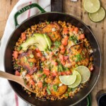 ONE PAN BBQ RANCH CHICKEN SKILLET, the perfect easy recipe for families! Best weeknight meal packed with cheese, corn, beans, chicken, cilantro, RANCH, and bbq sauce! MADE IN ONE POT!