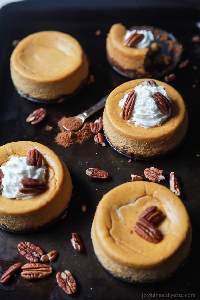 Skinny Mini Pumpkin Cheesecake with Pecan Crust | Joyful Healthy Eats