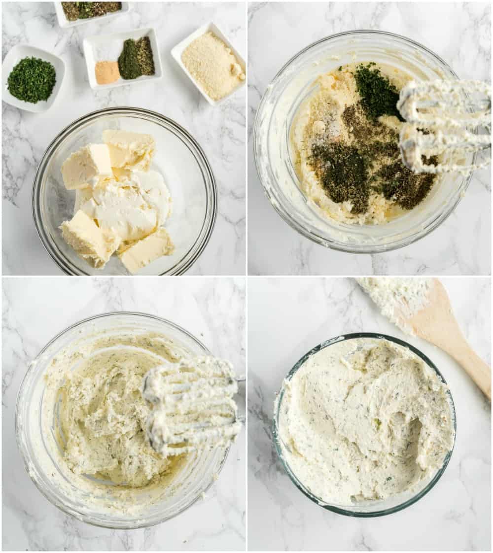 Photo collage of boursin cheese ingredients being added and mixed with hand mixer.