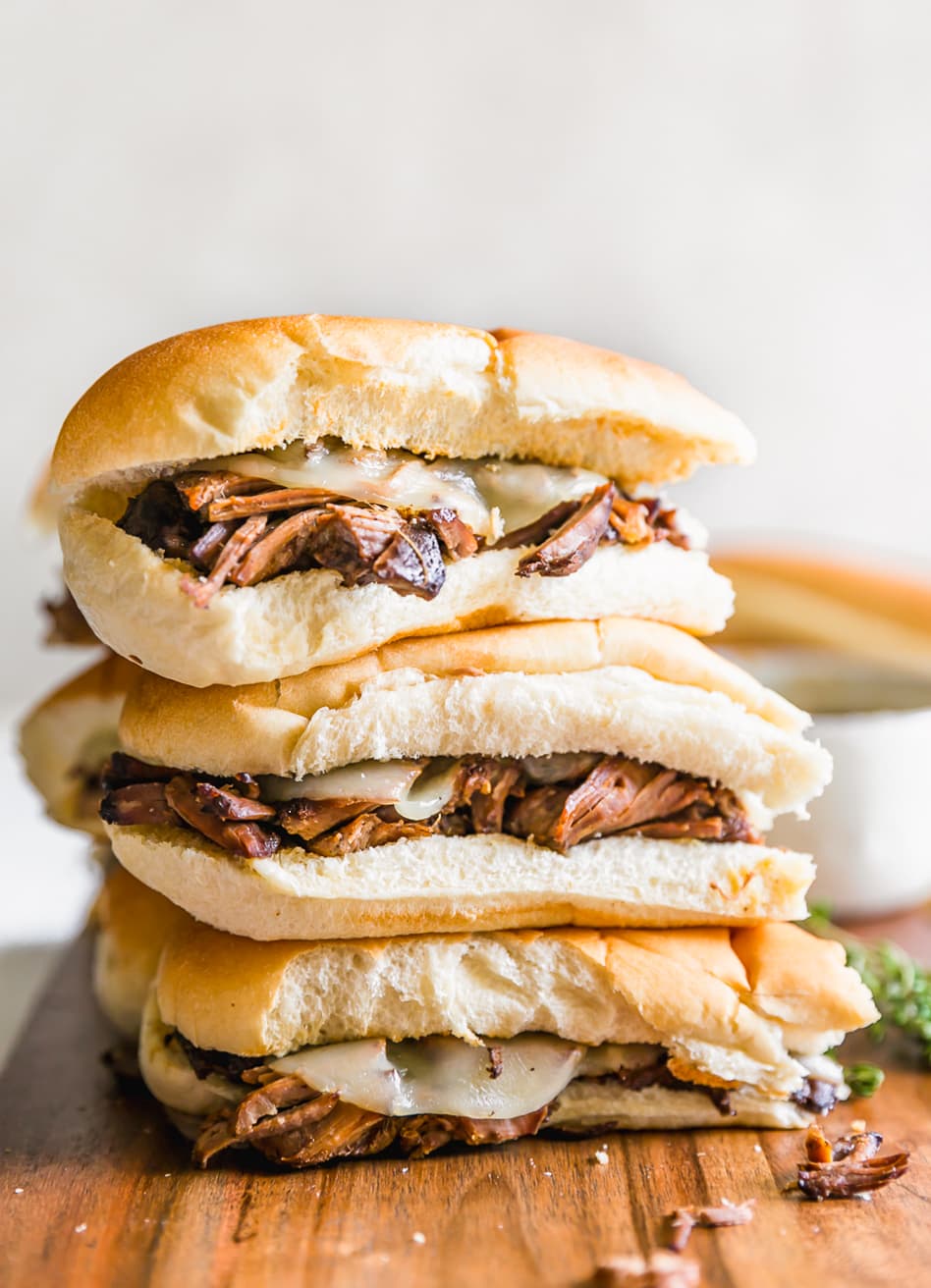 stacked crock pot french dip sandwiches