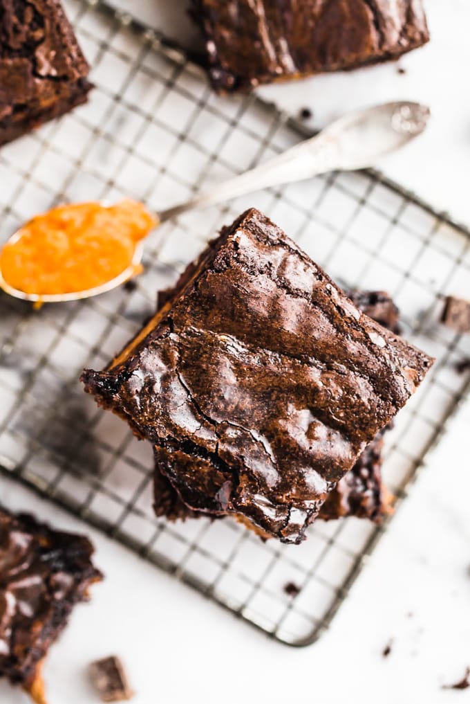 Pumpkin pie brownies stacked on top of each other