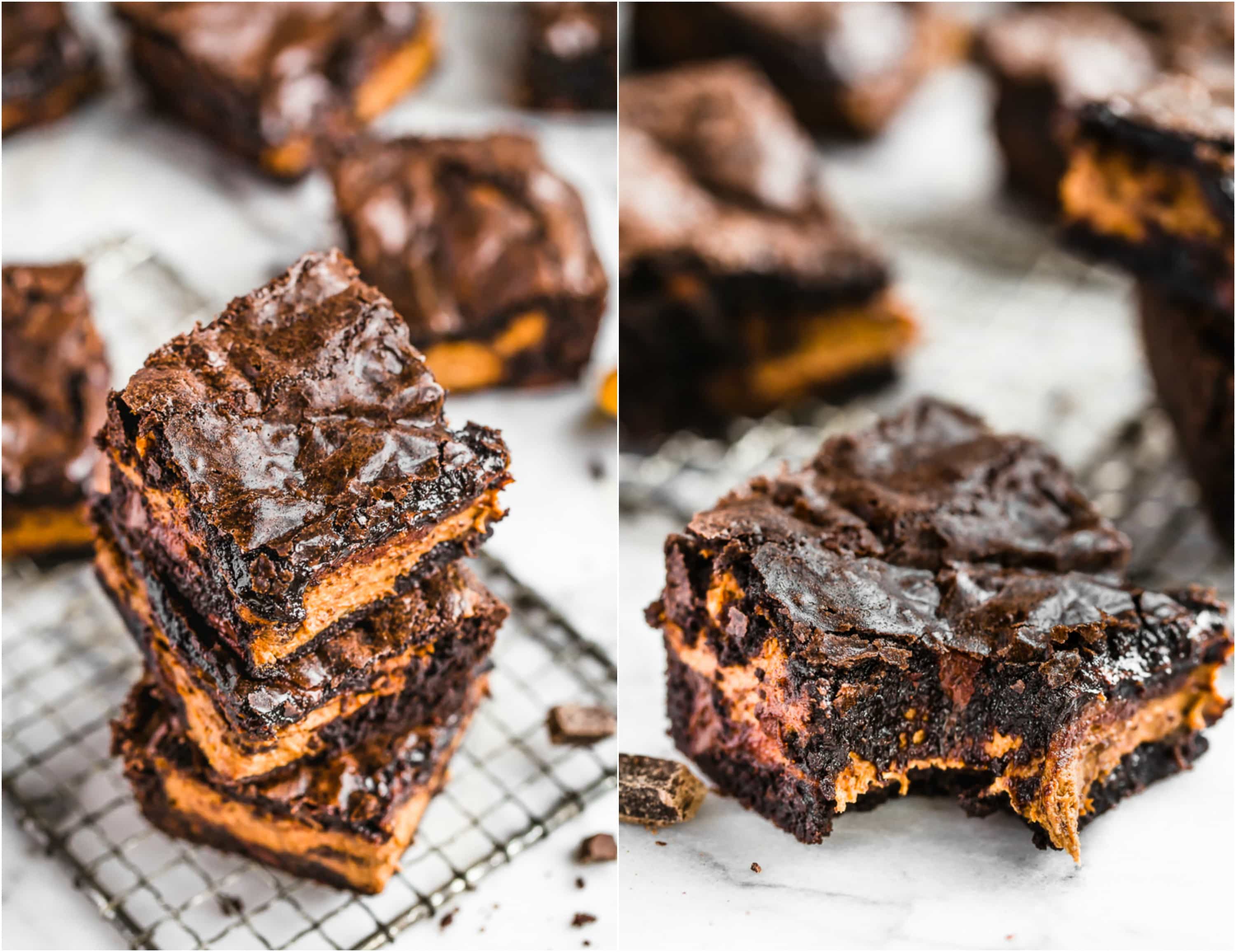 stacked brownies showing layers of pumpkin and brownie