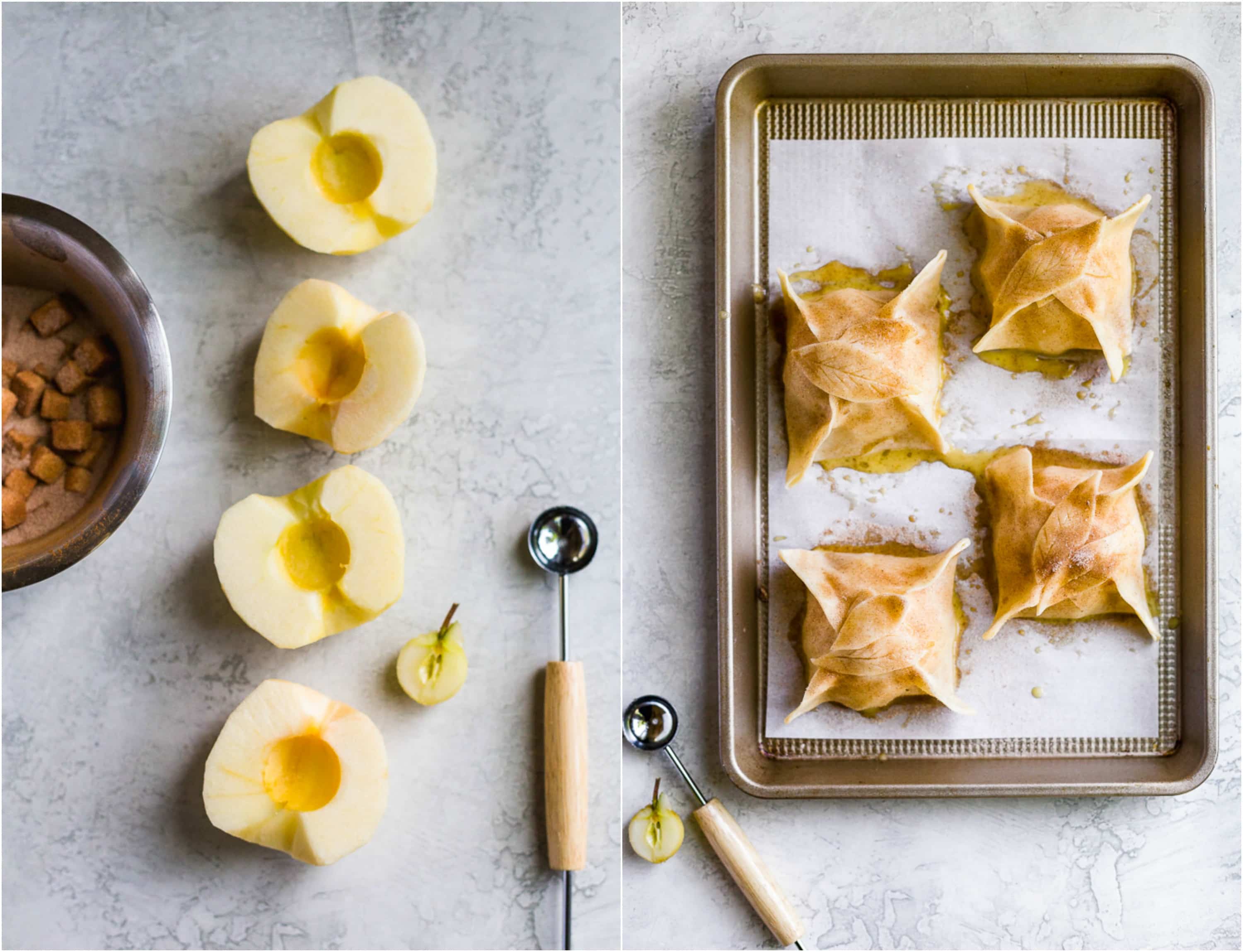 two photos, one of peeled and cut apples the next is apples on a baking dish with pie crust over them