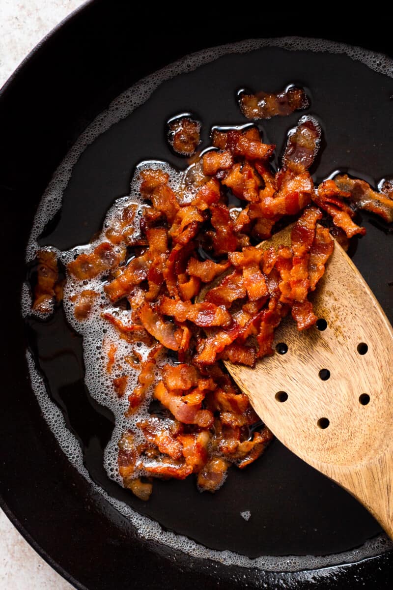 bacon crumbles in cast iron skillet