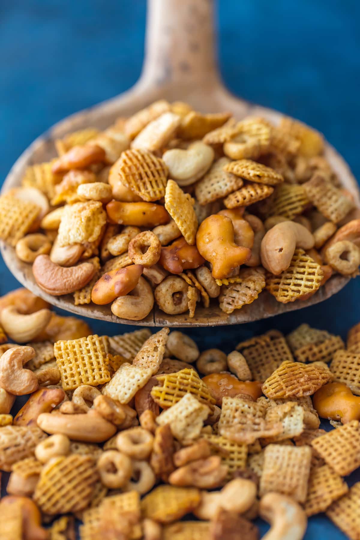 up close shot of chex party mix recipe