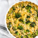 Broccoli Cheese Rice Casserole is a creamy, cheesy side dish perfect for any meal. This baked green rice casserole is a classic recipe for Thanksgiving, filled with broccoli, rice, cheese, cream of mushroom, & water chestnuts.