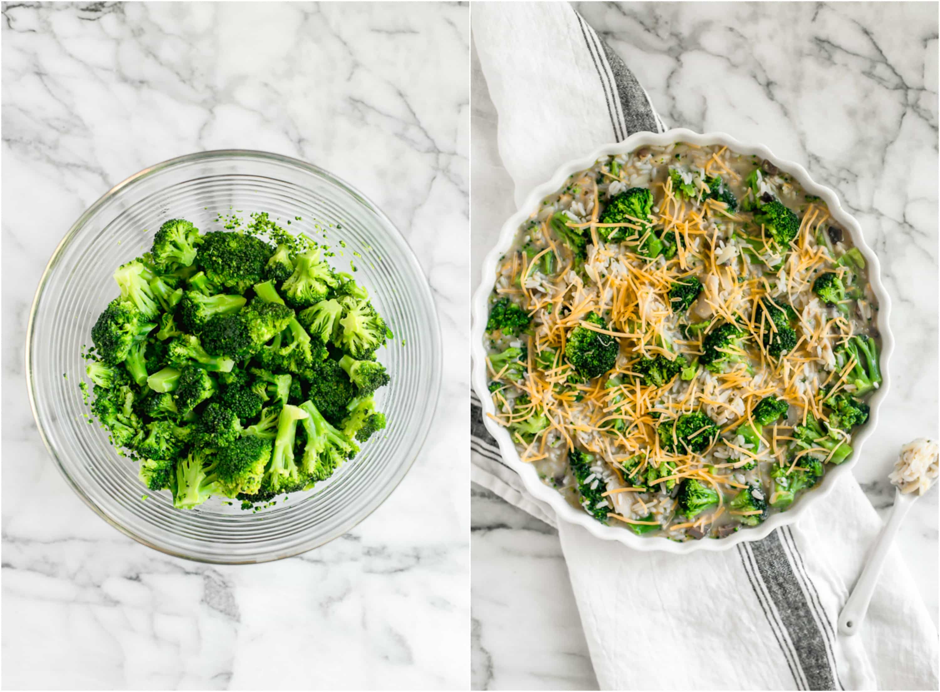 Photo Collage: Bowl of broccoli; casserole dish filled with broccoli, rice, cheese
