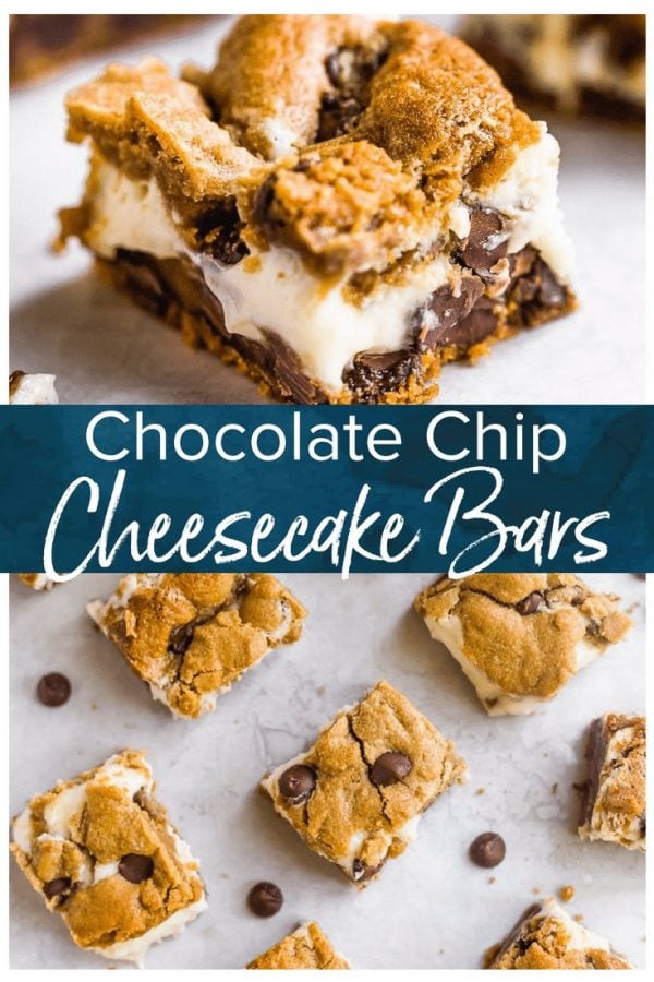 Chocolate Chip Cheesecake Bars are a creamy, chocolaty dessert perfect for game day or just for after dinner. This cheesecake bars recipe is easy to make and oh so yummy!