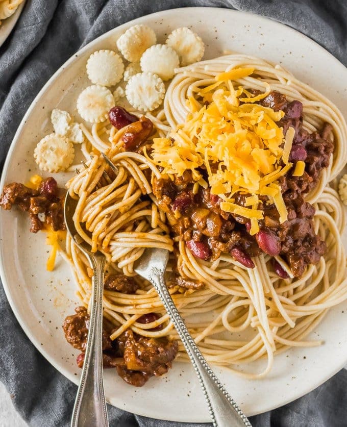 plate of Cincinnati Chili with fork and spoon