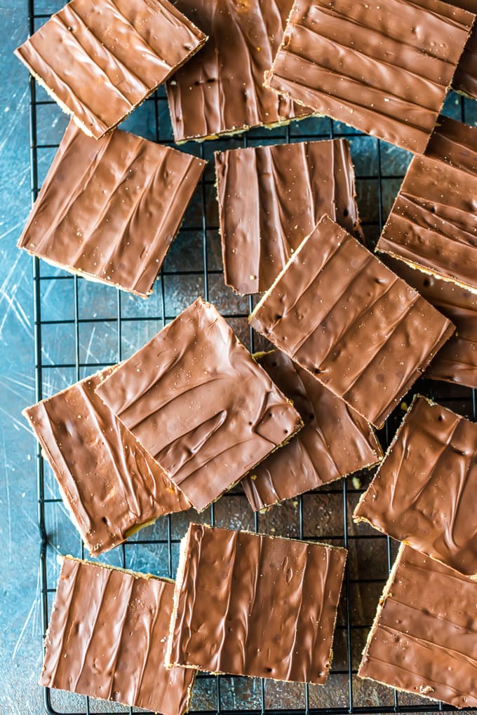 Chocolate Toffee Crackers on a baking rack top down. Saltine Cracker Toffee