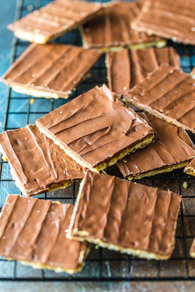 Saltine Cracker Toffee with Chocolate layered on a baking rack