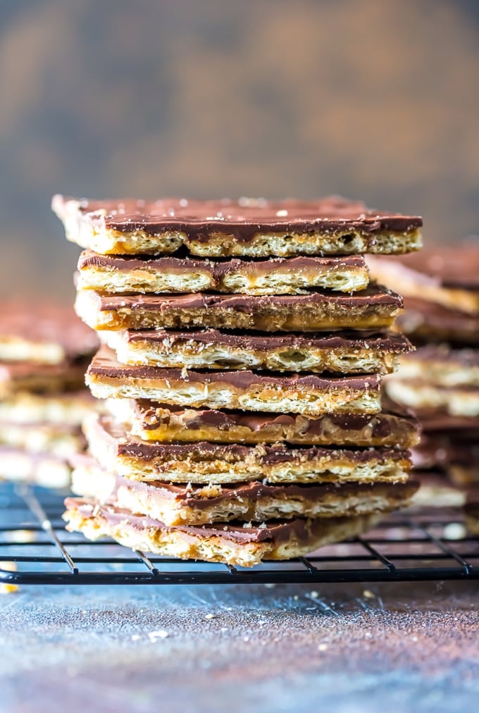 Saltine Cracker Toffee with Chocolate stacked to show layers