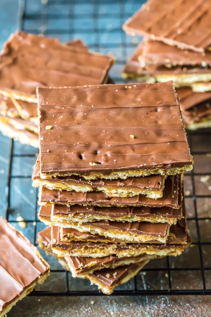 Saltine Cracker Toffee with Chocolate Stacked at an angle