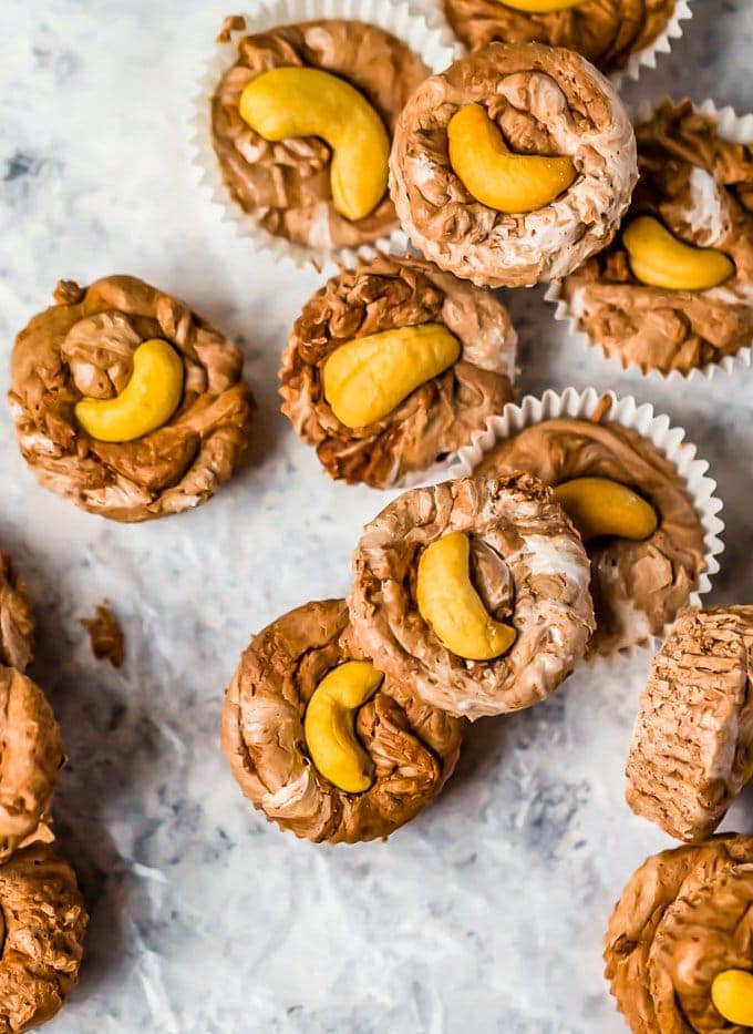 bite sized pieces of fudge topped with cashews