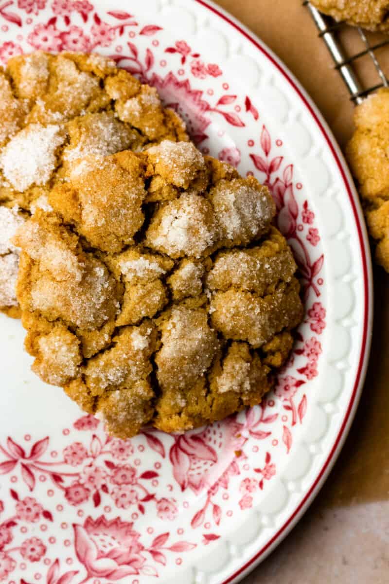 ginger crinkle cookies on red and white plate