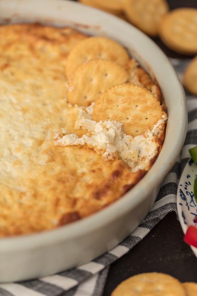 Close up of hot onion dip recipe in white dish