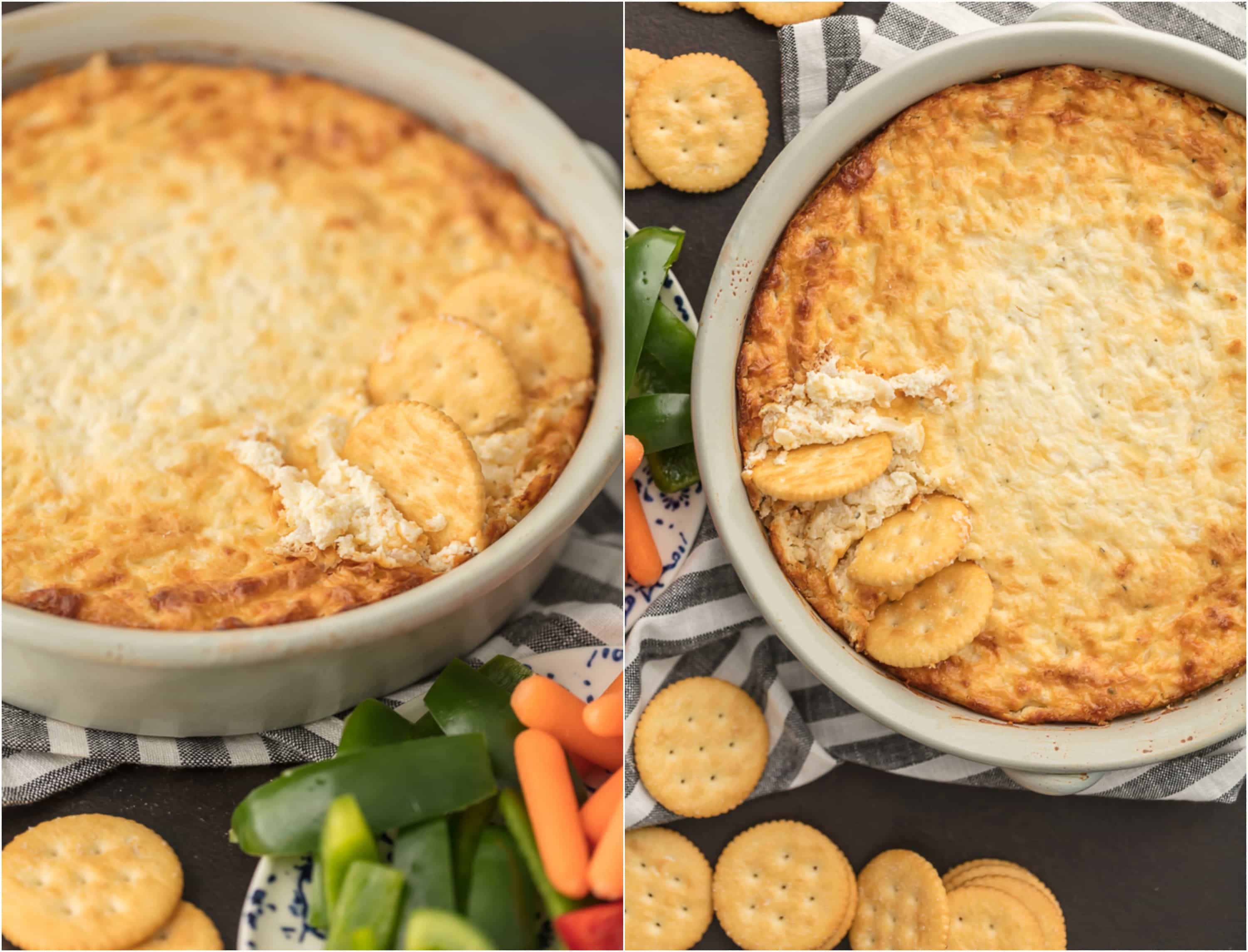 Hot Onion Souffle Dip with crackers and vegetables