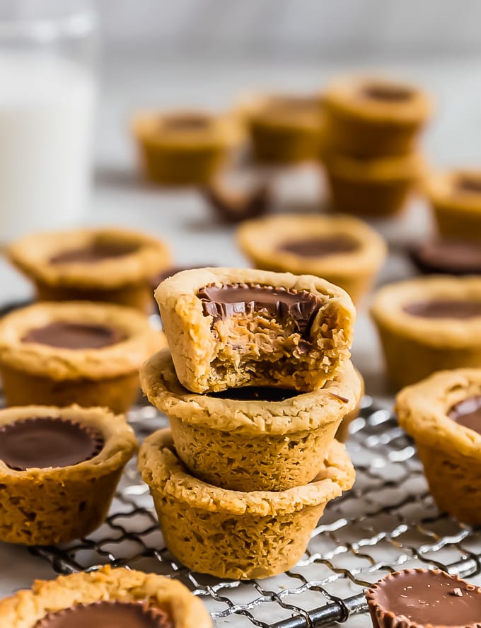 peanut butter cup cookies stacked on top of each other