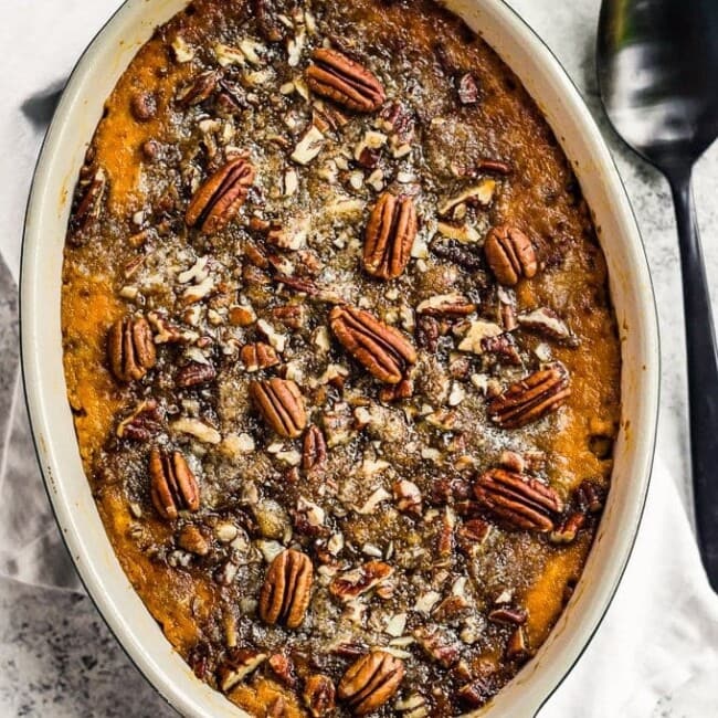 sweet potato casserole in a baking dish