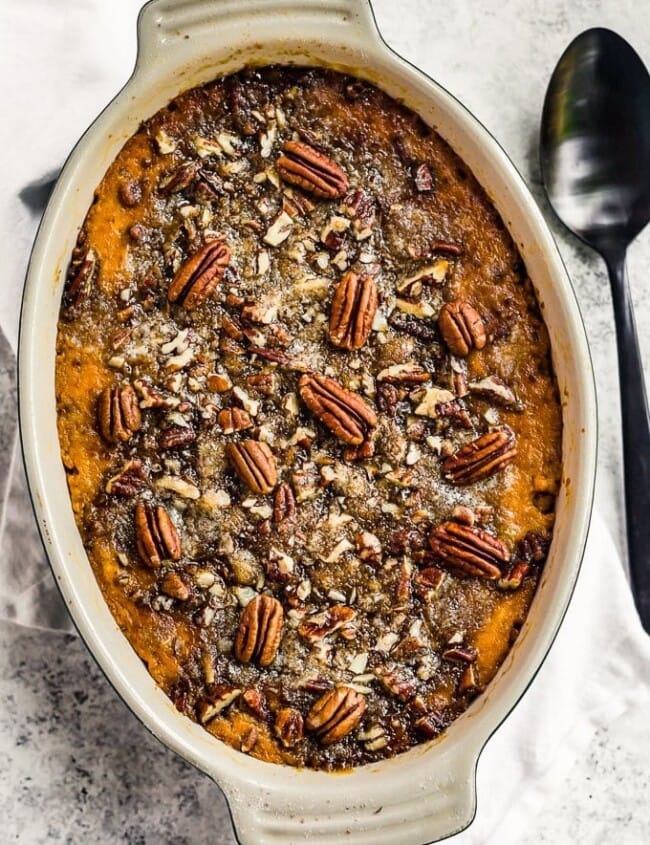 sweet potato casserole in a baking dish