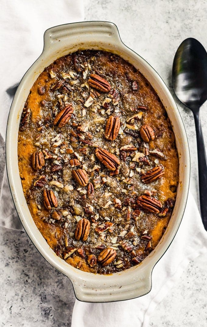 This Sweet Potato Casserole with Pecan Topping is a Thanksgiving classic. Prep this make ahead sweet potato casserole the night before and bake it before your holiday meal!