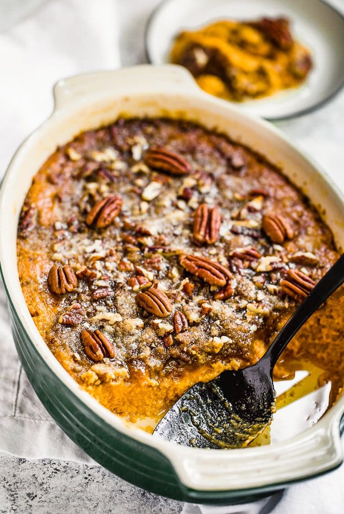 A baking dish of sweet potato casserole