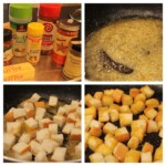 a series of photos showing how to make croutons in a pan.