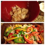 chicken fajitas with peppers and onions.