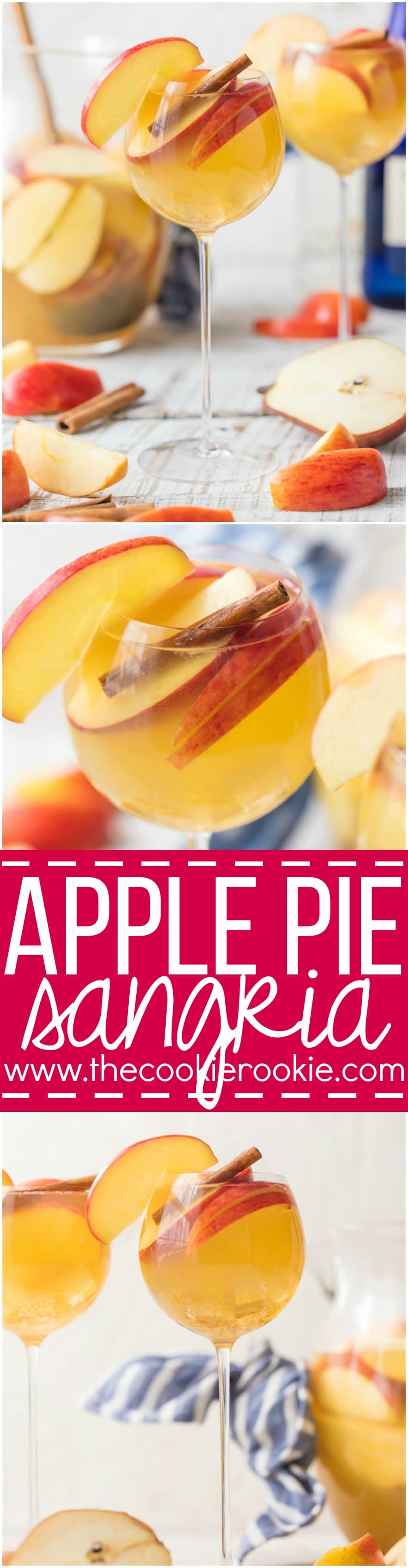 Apple Pie Sangria is light, refreshing, easy, and delicious! The hit of every party I take it to! Apple Cider, Caramel Vodka, White Wine, Ginger Ale, and more! The Cookie Rookie has Sangrias for every occasion!