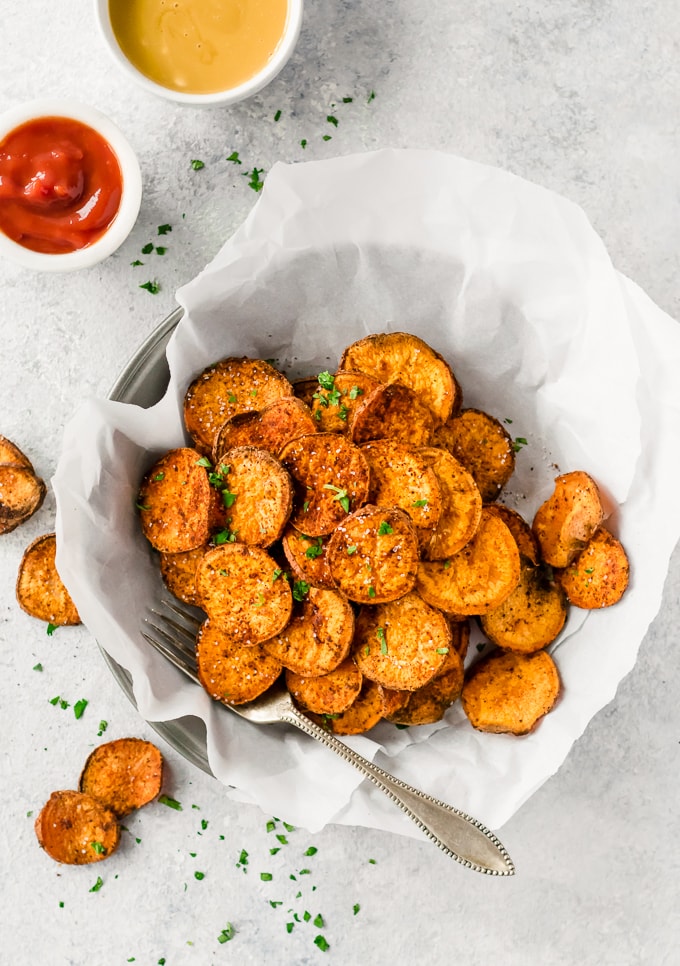 overhead shot of baked sweet potato chips