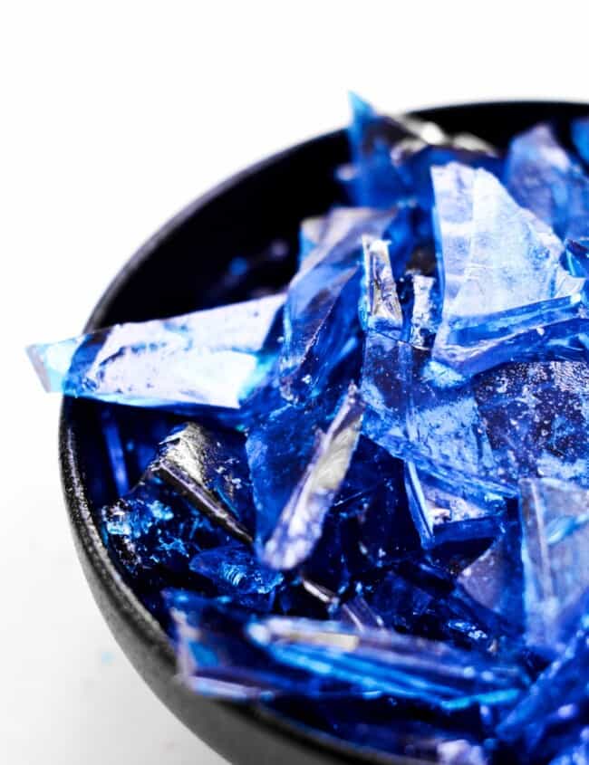 blue rock candy in a bowl