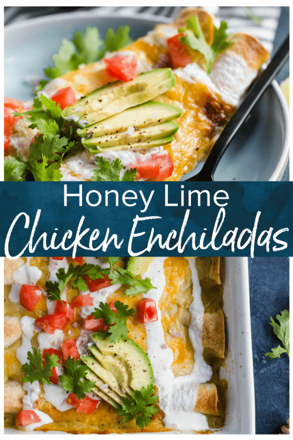 Honey Lime Chicken Enchiladas are a little bit sweet, a little bit spicy, and a whole lot of yummy! The chicken is marinated in a delicious honey lime mix, making the perfect base for these enchiladas. This easy chicken enchilada recipe is cheesy, flavorful, and fun. Try them out for your next dinner!