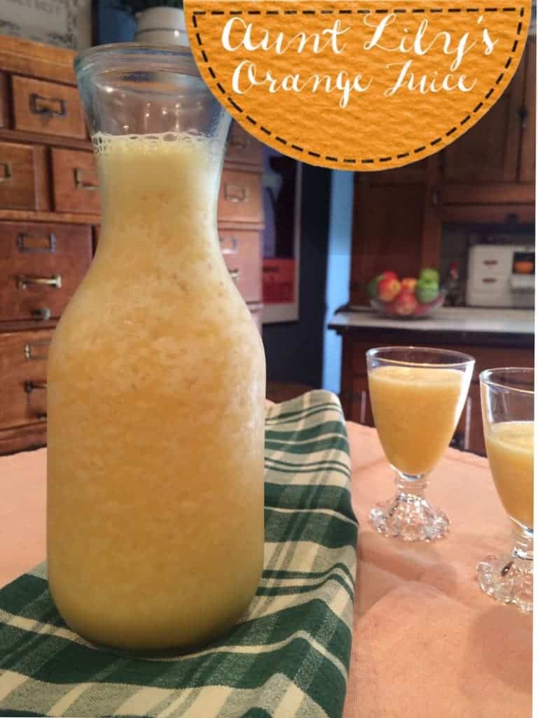 vanilla infused frozen orange juice. a delicious addition to any breakfast!! YUM. View of a pitcher and two glasses full of Aunt Lily's Orange juice.