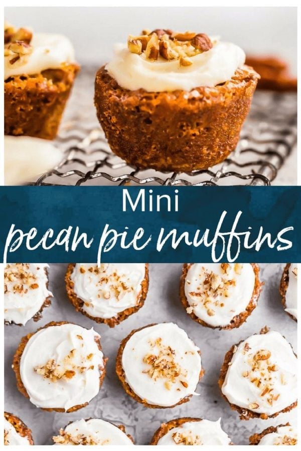 Pecan Pie Muffins are sure to brighten your morning! These tasty mini muffins are the perfect thing to eat for a quick breakfast, for a snack, or even as a fun dessert. They're so flavorful and taste just like pecan pie in muffin form. These breakfast muffins are so easy to make and taste even better with the cream cheese frosting!