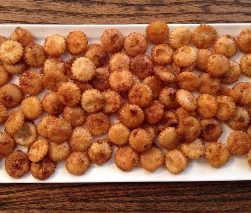 Sriracha Maple Oyster Crackers on tray.