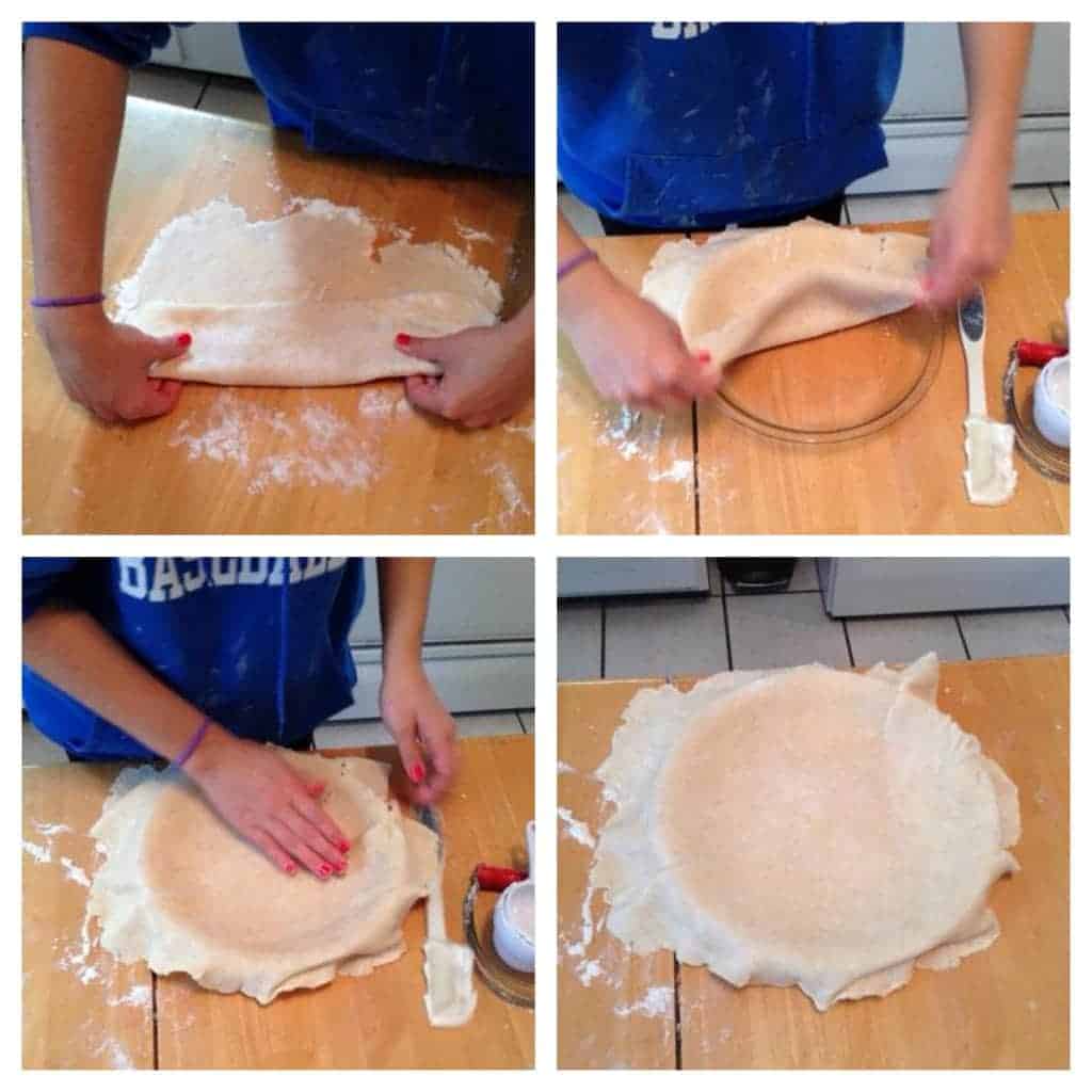 Step by step photos, placing pie dough in a pie plate.