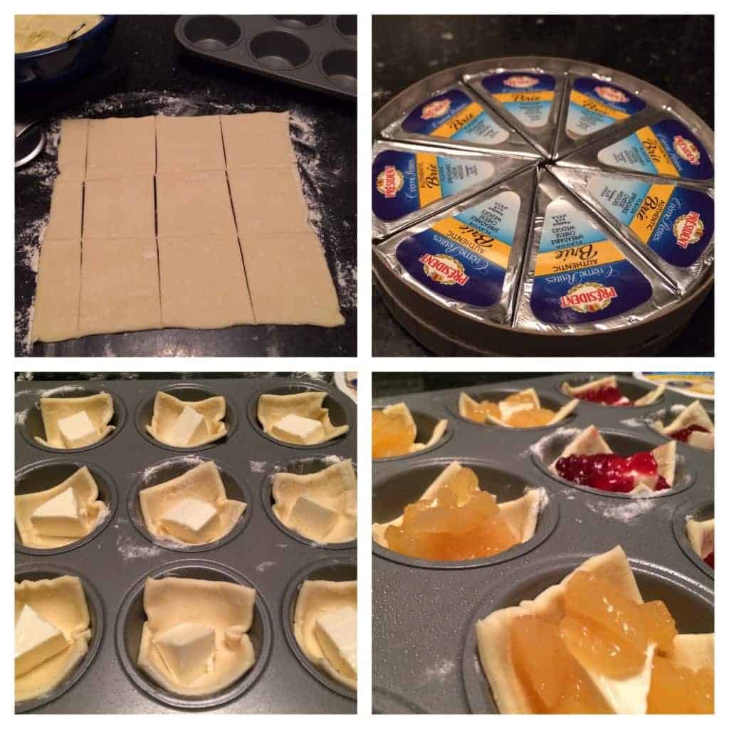 Montage of the steps to make Apple and Cranberry Brie Bites.