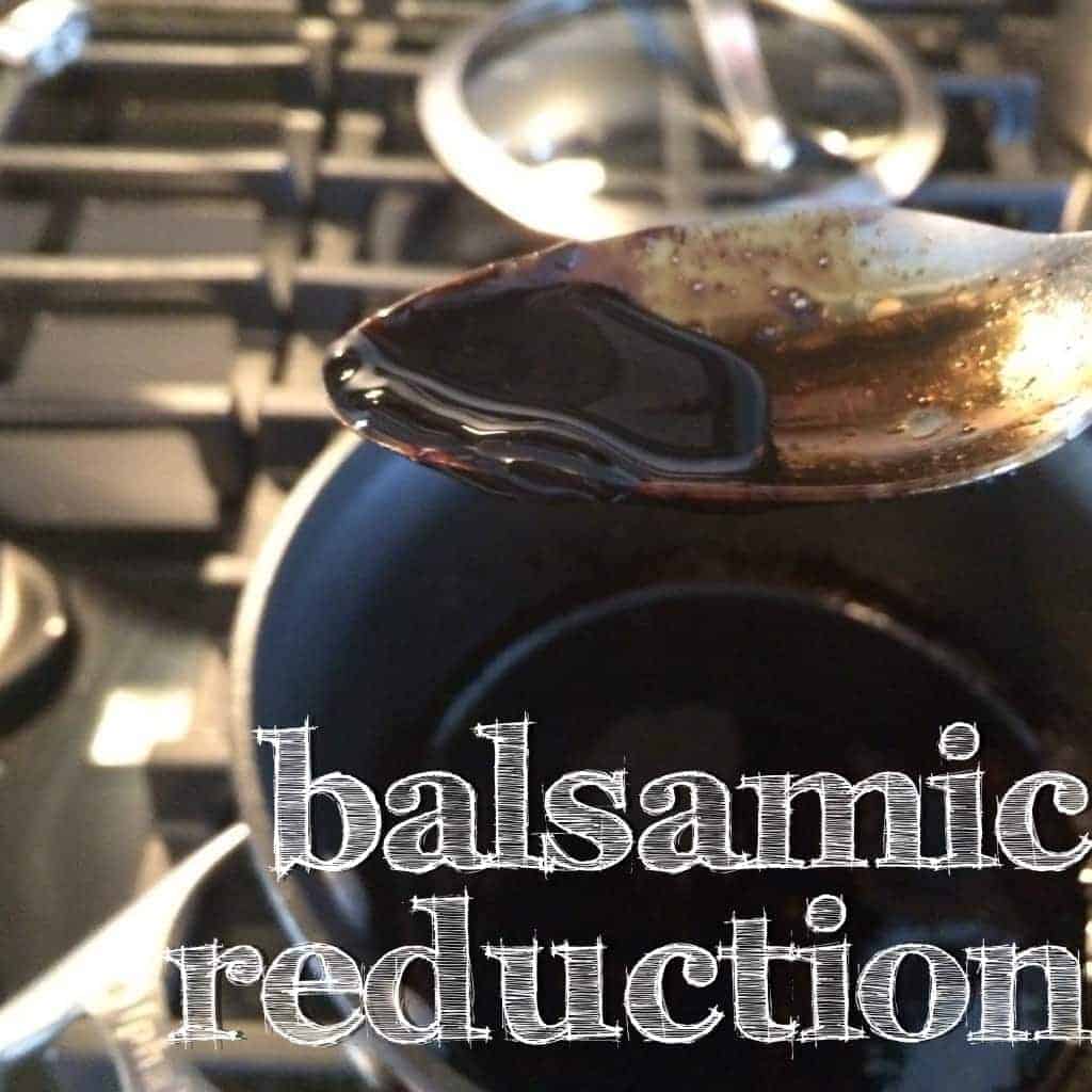 Balsamic Reduction is called for in many recipes, and it has many simple uses. This Easy Balsamic Vinegar Reduction Recipe will make this basic cooking technique easy to learn, so you can make a simple balsamic glaze any time you need it. Plus I'm sharing tons of interesting ways to use it! Close-up image of Balsamic Reduction in a spoon.