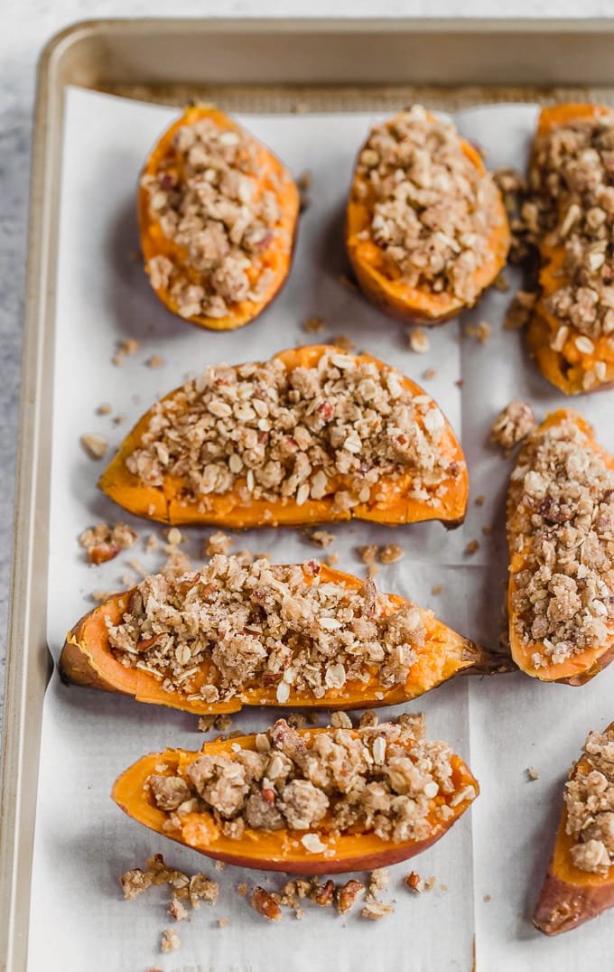 Twice Baked Sweet Potatoes arranged on a baking sheet