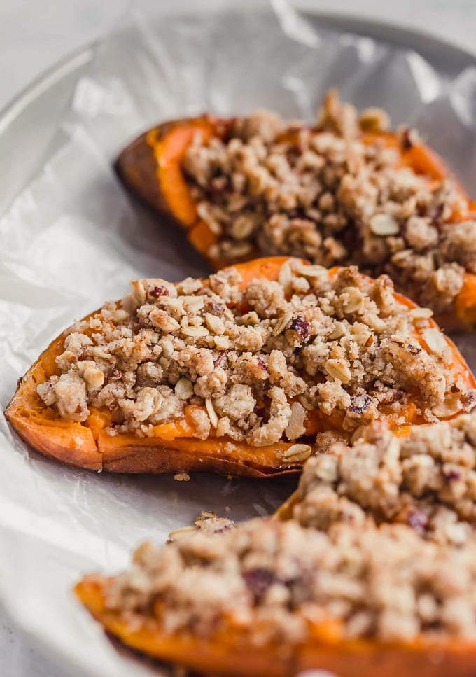 Twice baked sweet potatoes with a pecan topping