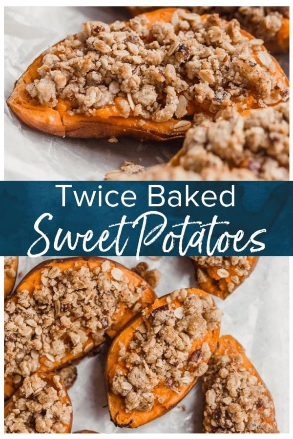 Twice Baked Sweet Potatoes are the perfect Thanksgiving sweet potato recipe! They're just like a regular twice baked potato, but they're topped with a pecan, cinnamon, oatmeal, and brown sugar mix to complement the natural sweetness. You'll definitely want this tasty sweet potato side dish on your holiday table!