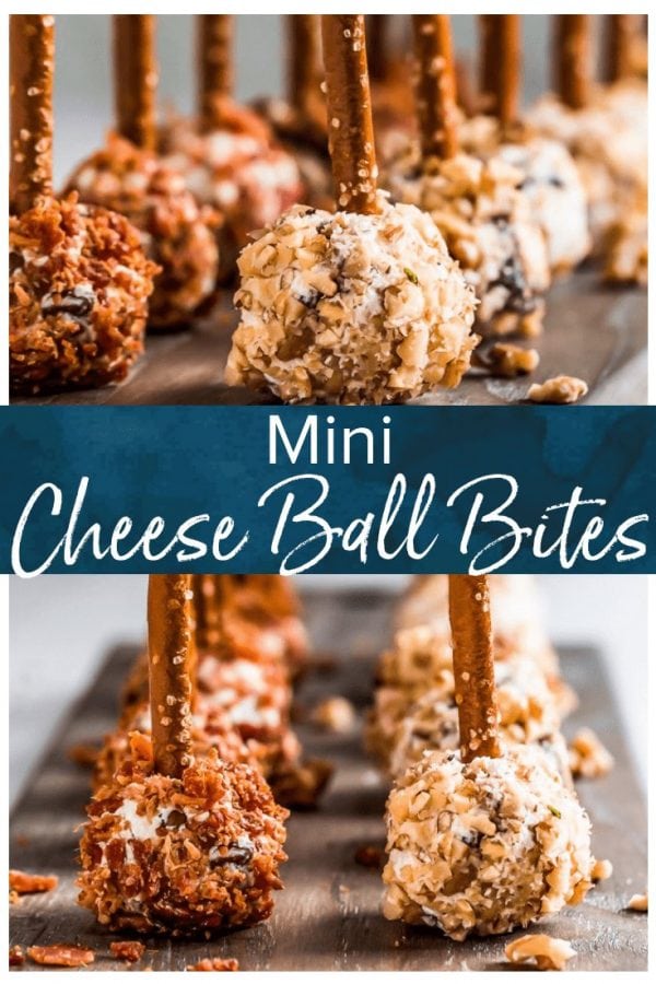 Mini Cheese Ball Bites are the perfect easy appetizer to serve at holiday parties. These tasty little cheese balls are made with dried fruit and cream cheese, rolled in bacon or nuts, and finished off with a pretzel stick. Make these Mini Cheese Ball Bites for a New Year's Eve appetizer or any simple gathering!