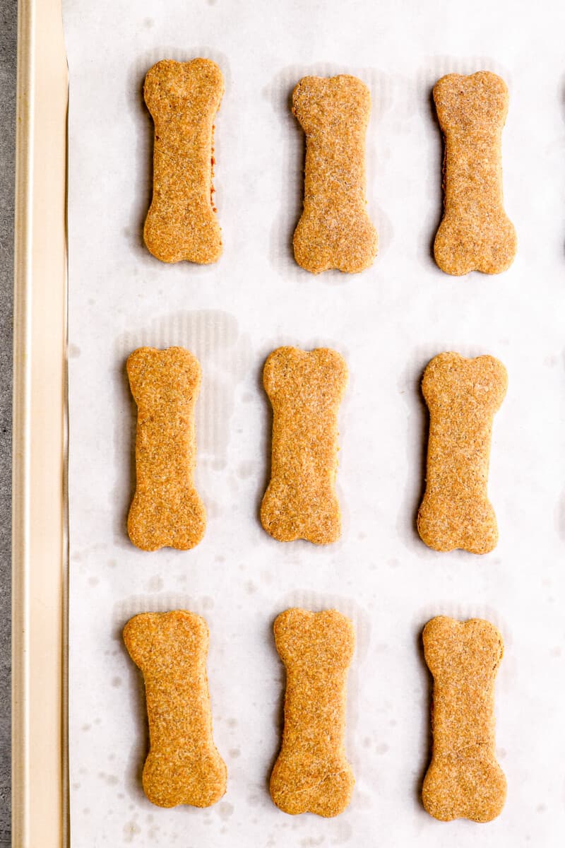 peanut butter dog treats on baking sheet