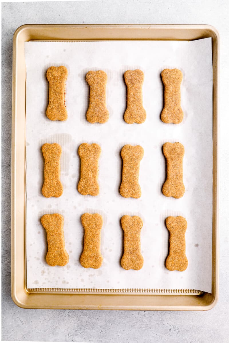 bone-shaped dog biscuits on baking sheet.