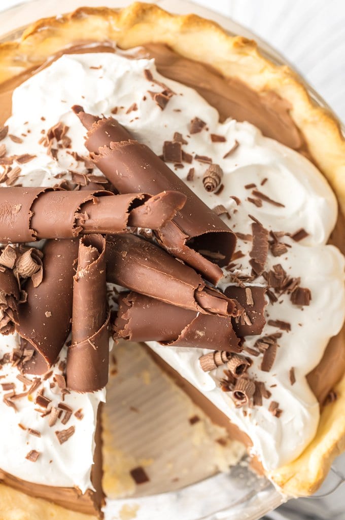 up close photo of french silk pie with chocolate shavings