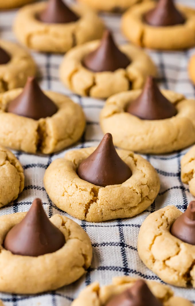Peanut Butter Blossom Cookies on a kitchen towel