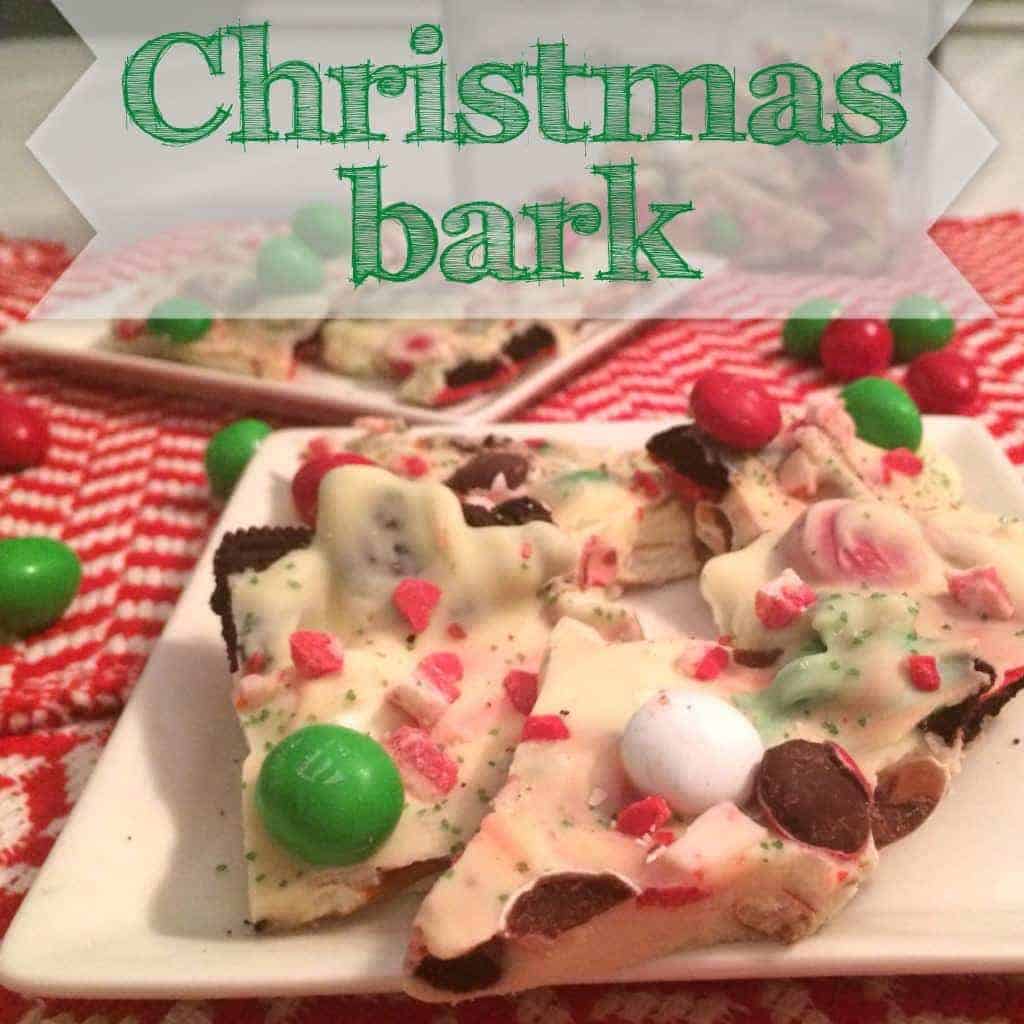 Christmas Bark made with white chocolate, M&M's, Oreos, peppermint chips, and pretzels. 