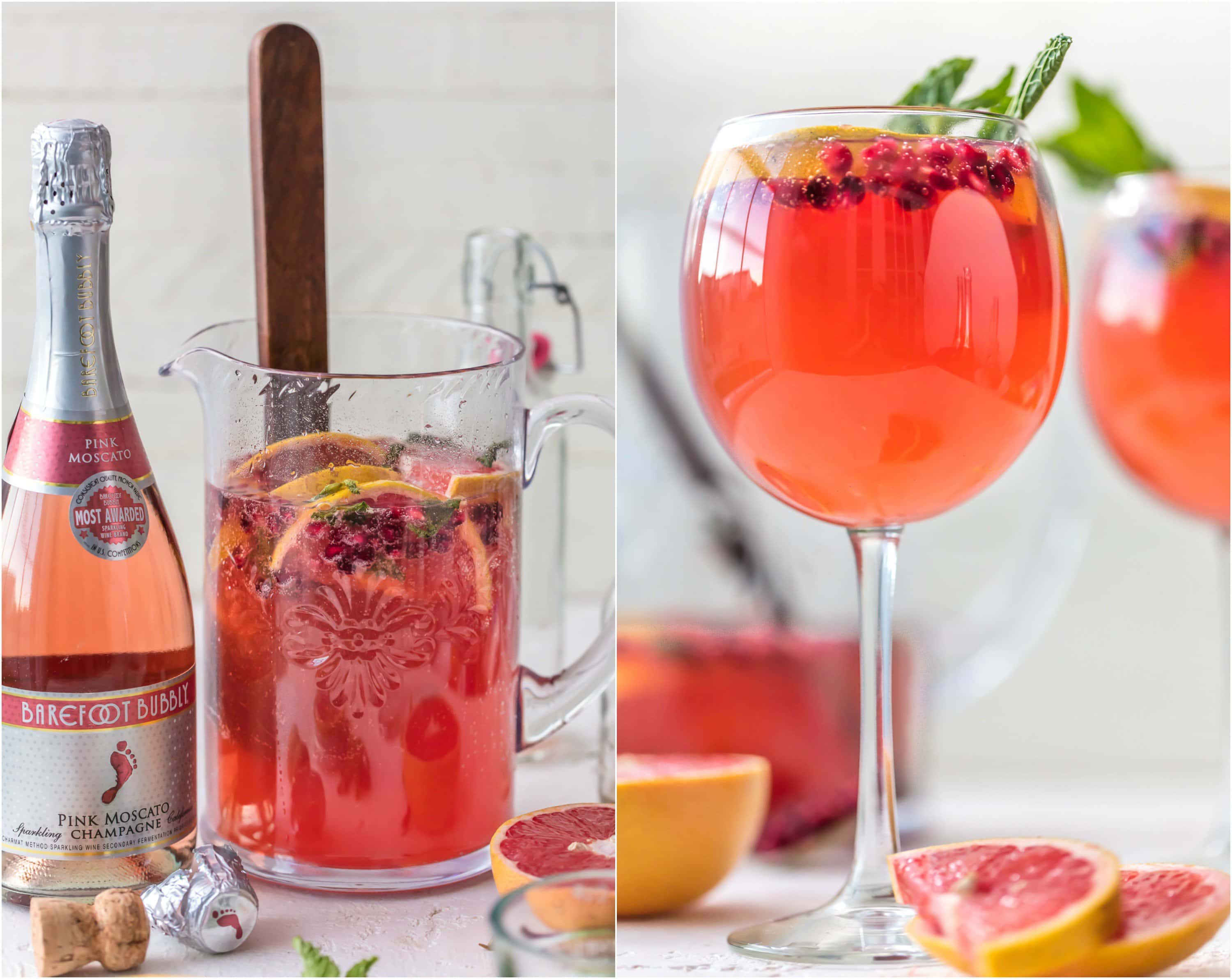 PINK CHAMPAGNE SANGRIA is the perfect New Years Eve cocktail! Ring in the new year with style, and lots of pink bubbly! Champagne mixed with grapefruit juice, pomegranate juice, and mint simple syrup, seriously delish!