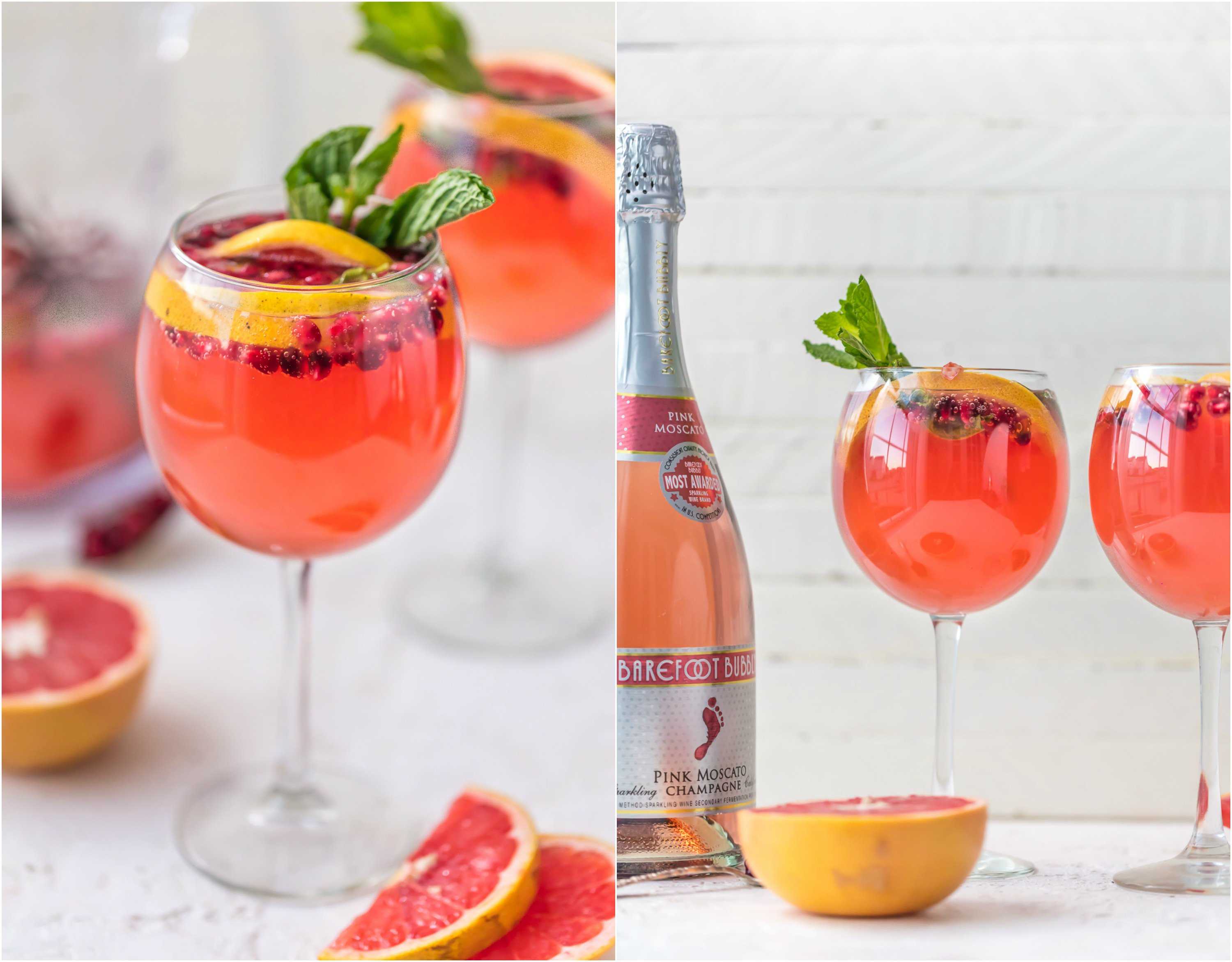 PINK CHAMPAGNE SANGRIA is the perfect New Years Eve cocktail! Ring in the new year with style, and lots of pink bubbly! Champagne mixed with grapefruit juice, pomegranate juice, and mint simple syrup, seriously delish!