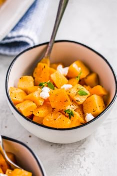 Baked Butternut Squash is such a simple side dish, but so delicious and healthy too. This maple-infused recipe is so sweet yet the broth balances it out perfectly. This maple roasted butternut squash recipe is easy to make, and you can also make a mashed version if you prefer. Pair it with your favorite main dish for dinner, or make this as the perfect Thanksgiving side dish!